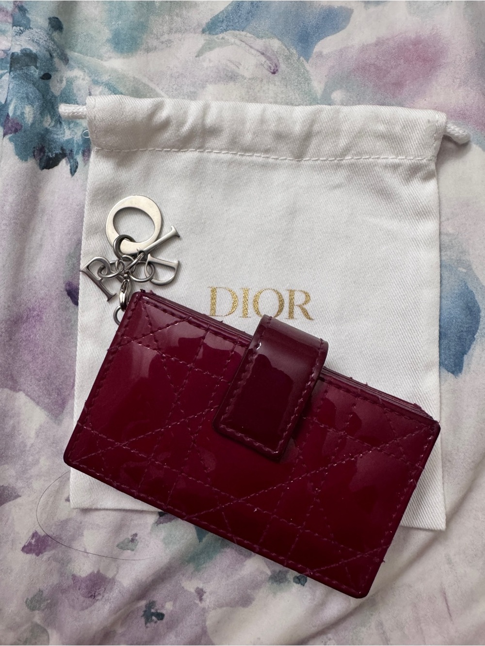 Dior Glossy Burgundy Patent Card & Key Holder with Signature Charm